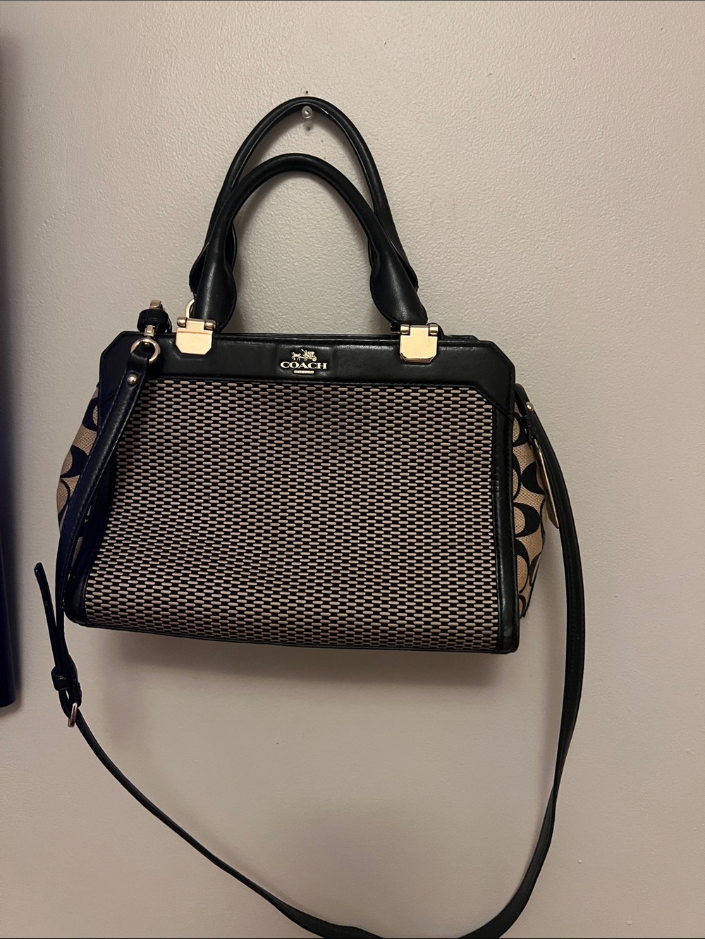 Coach Black and Beige Signature Satchel with Gold Hardware